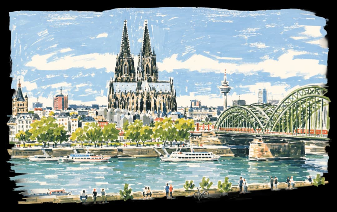 Watercolor view of Cologne Cathedral and the Rhine