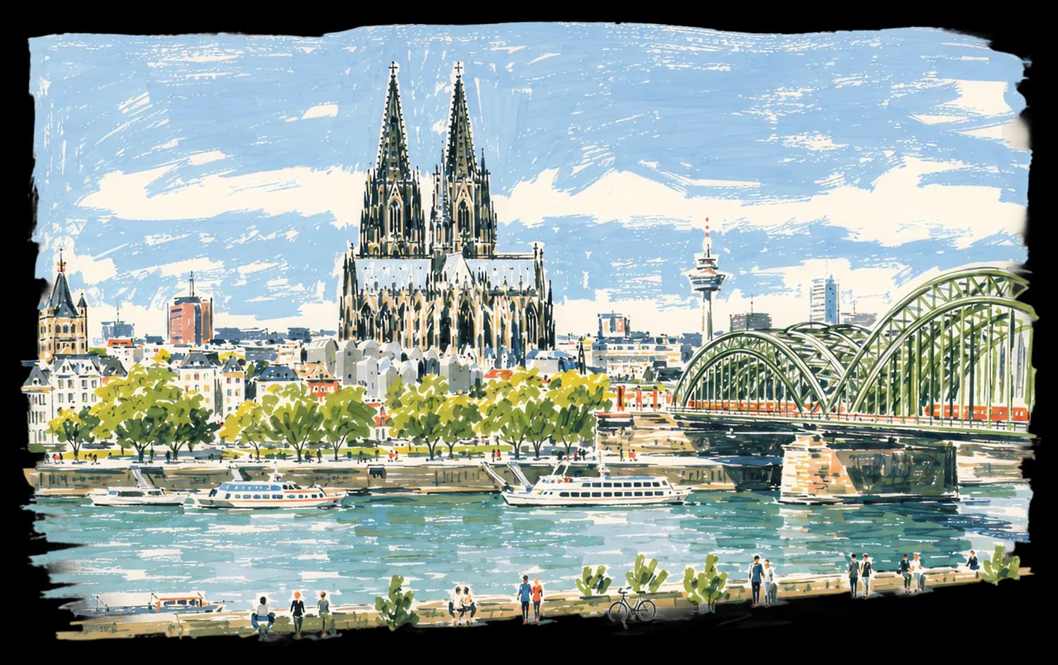 Watercolor view of Cologne Cathedral and the Rhine